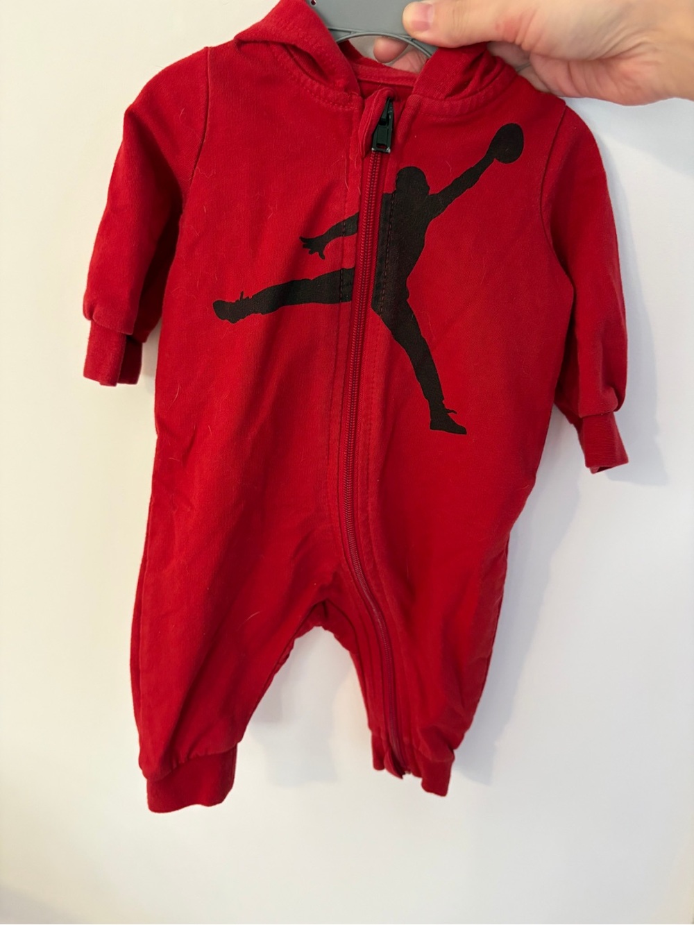Jordan Red Hooded Baby One-Piece with Black Jumpman Graphic